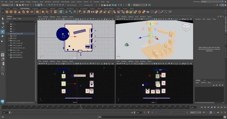 Wooden Marble Run animated in Maya
